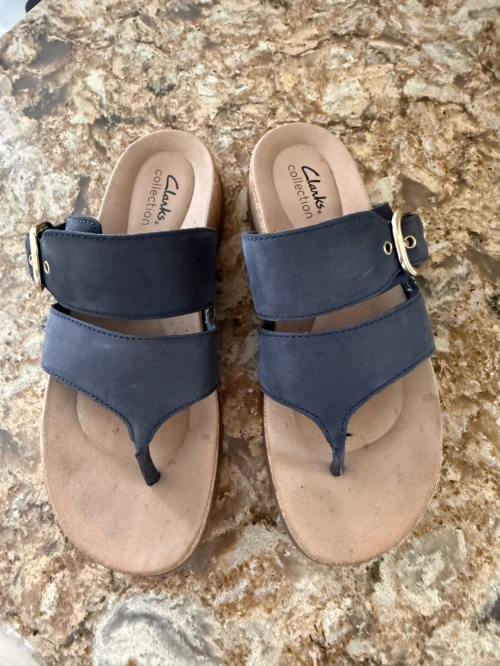 Clarks Navy Leather Two-Strap Thong Sandals with Gold Buckle